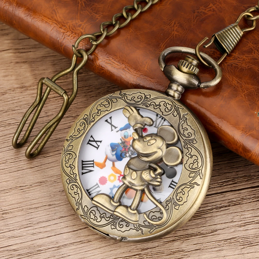 Bronze Anime Clock Comic Cartoon Quartz Pocket Watch  Pendant FOB with 80cm Necklace/30cm Waist Hook Chain Antique Clock for Men