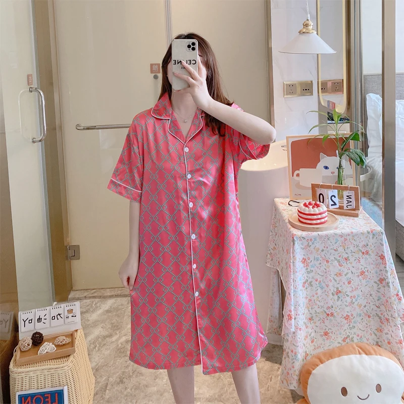 Summer Soft Silk Nightgown Half Sleeve Grid Zebra Cow Stria Printing Homedress Leisure Satin Nightdress For Women Shirt Skirt