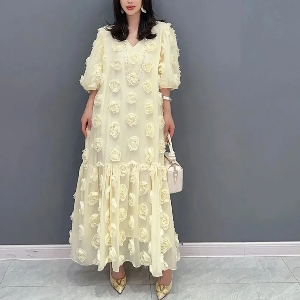 

Женское платье с V-образным вырезом, розовое или желтое платье с рукавами-фонариками, модель LX556S в Корейском стиле на лето, 2024