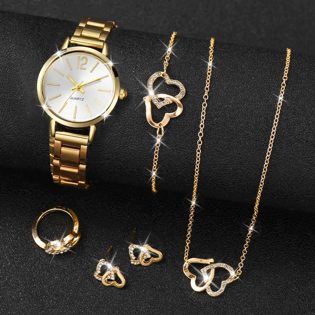 6PCS/Set Simple Scale Dial Women's Watch Fashion Gold Steel Band Quartz Watches Jewelry Set（Without Box） 2