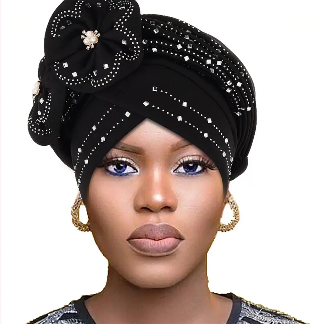 

Flowers Sparkling Diamonds Bonnets for Women Already Made Auto Gele Hijab Aso Oke Headtie Scarf Headwraps Turban Hat for African