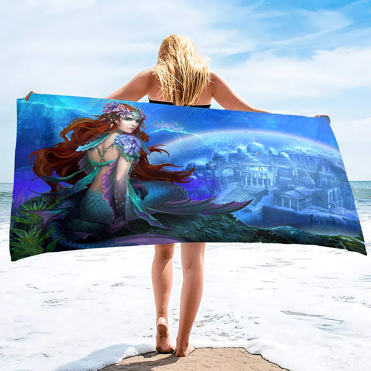 Toalla De Playa Sirena Azul 24x48 Pulgadas - Algodón Y Microfibra, Secado Rápido, Para Niños Y Adolescentes