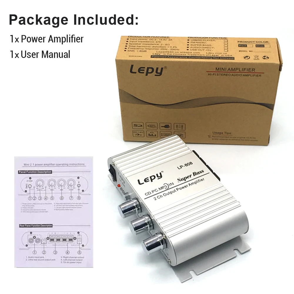 Lepy lp-808 HIFI Power Amplifier High Quality RCA Input/Output RMS 20W*2 Treble/