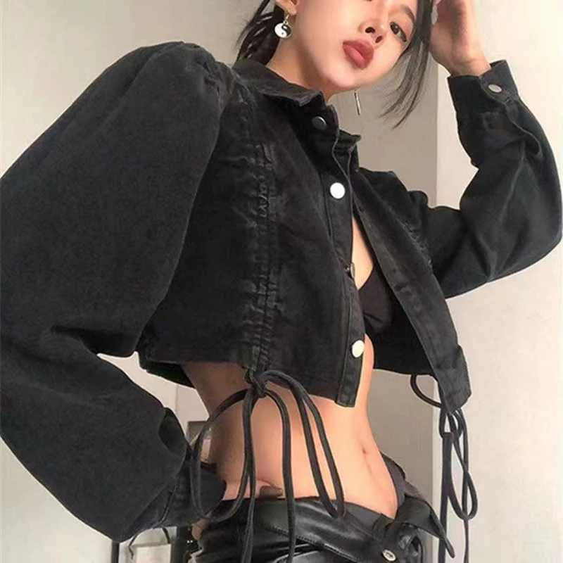 

Woman Jean Jacket Fashion Black Short Cropped Coats Fashion Streetwear Mujer Denim Tops Womens Clothing Lace Up Outwear XC001