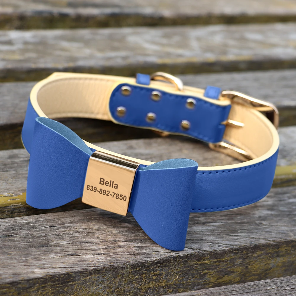 Personalized Dog Collar Cute Bowknot Engraved Dog Collars PU Leather Puppy Cat Necklace Adjustable for Small Medium Large Dogs