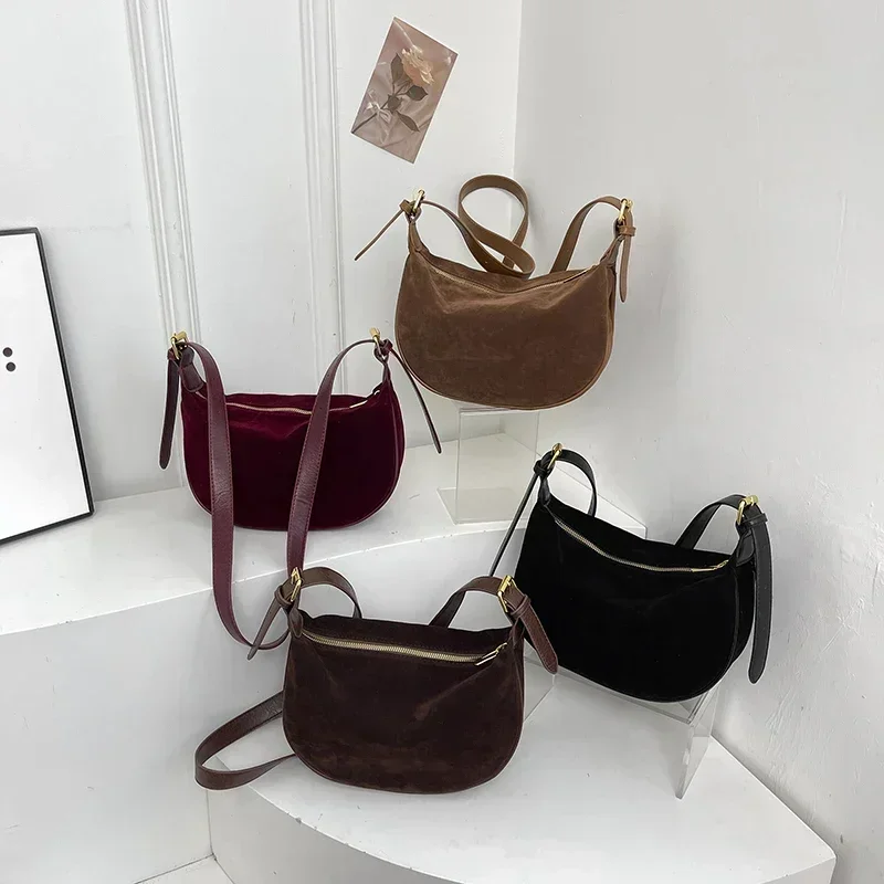 Zipper Solid Flannelette Single Women's Shoulder Bag 2025 New Style Suede Dumpling Bag Simple Retro Commuting Crossbody Bag 5