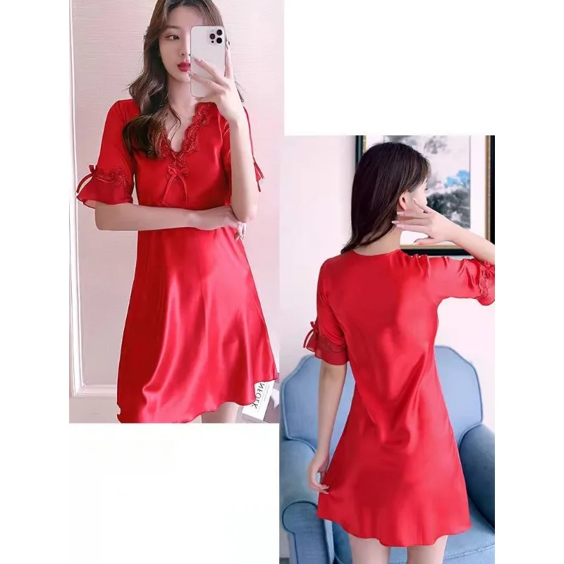 2023 New Pajama Women Sexy Ice Silk Thin Loose Large Size Nightdress Spring Autumn Silk Short-sleeved Home Clothes