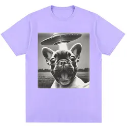 French Bulldog UFO Meme Vintage Graphic Oversized Cotton T - Shirt - S (Light purple)