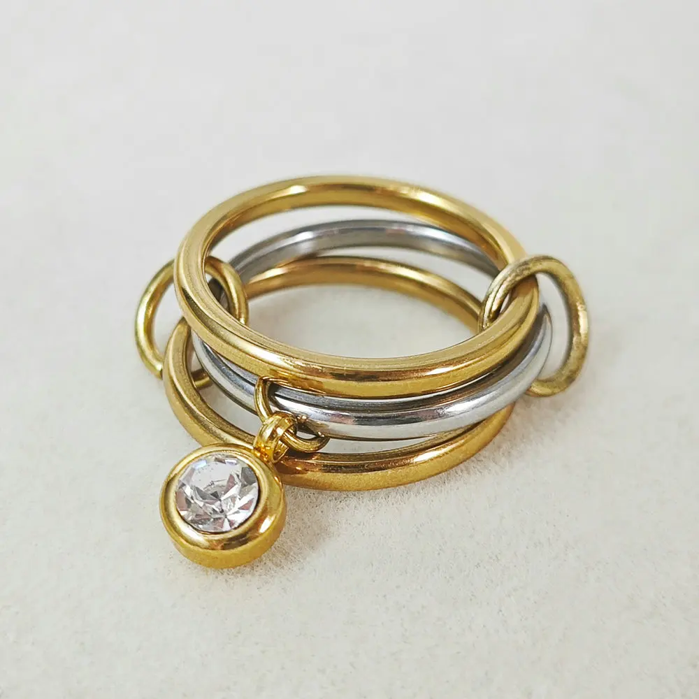Edelstahl-Charm-Ringe-Set für Frauen, neuer INS-Mode, 12-farbiger Zirkon-Stein-Anhänger, Spinelli-Ring, einzigartiger Stapel-Schmuck – Detail 6