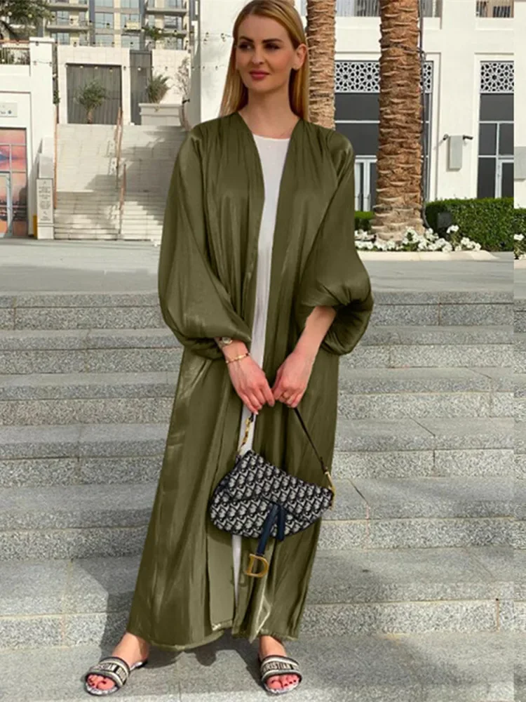 Eid Djellaba Abaya Dubai Shiny Soft Cuff Sleeves Muslim Dress Silky Kimono Dubai Turkey Muslim Dress Islam Abayas With Belt