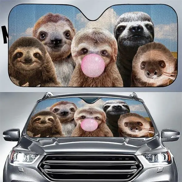 

Funny Sloths with Bubble Gum Blue Sky Pattern Car Sunshade, Sloths Front Window Sun Cover for Sloth Lover, Car Windshield Durabl