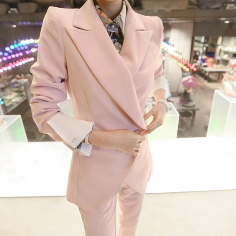 2023 Fashion Pink Korean Edition Long Sleeved Celebrity Pink Temperament Slim Fit OL Professional Pants Suit Set Women's