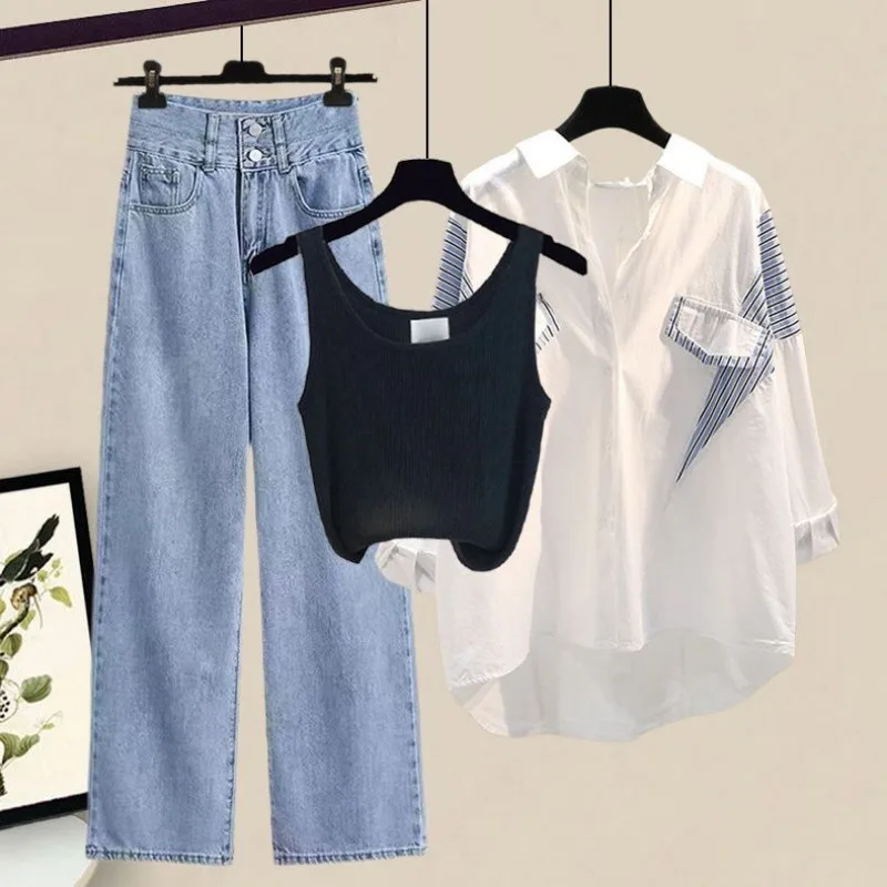 Women's Spring Autumn New Tracksuit Two Piece Korean Elegant Striped Shirt+Vest+Jeans Matching Set Female Chic Denim Pants Suit 2