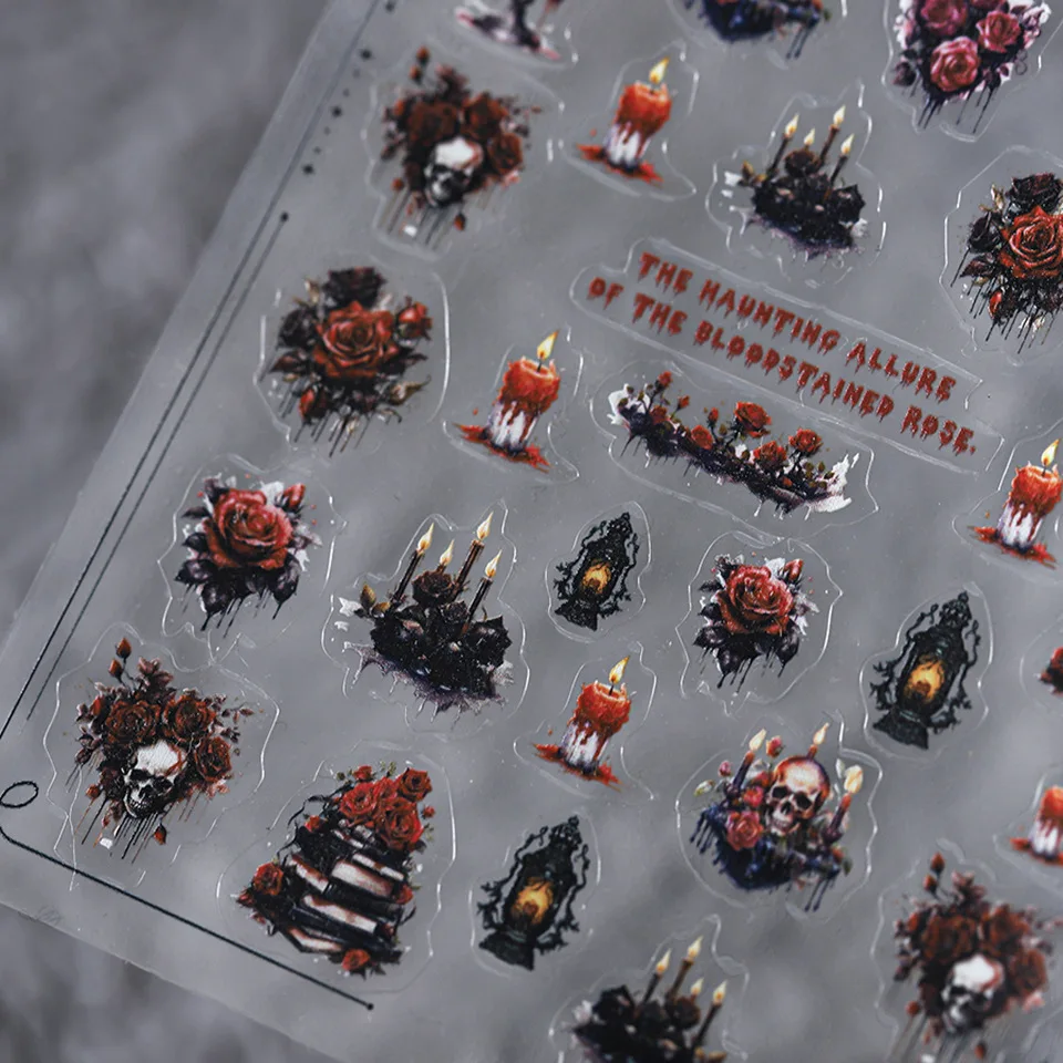 5D Relief Gothic Terror Bloodthed Rose Skull Head Candle Lamp Adesivi Per Nail Art Decalcomanie Ornamenti Per Manicure Fornitori