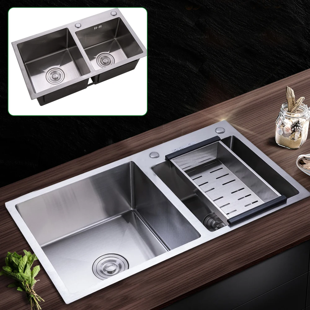 780*430*210mm Kitchen 2 Sink Double Bowl Undermount Composite Drop-in Stainless Steel Double Basin w/Drainer 3