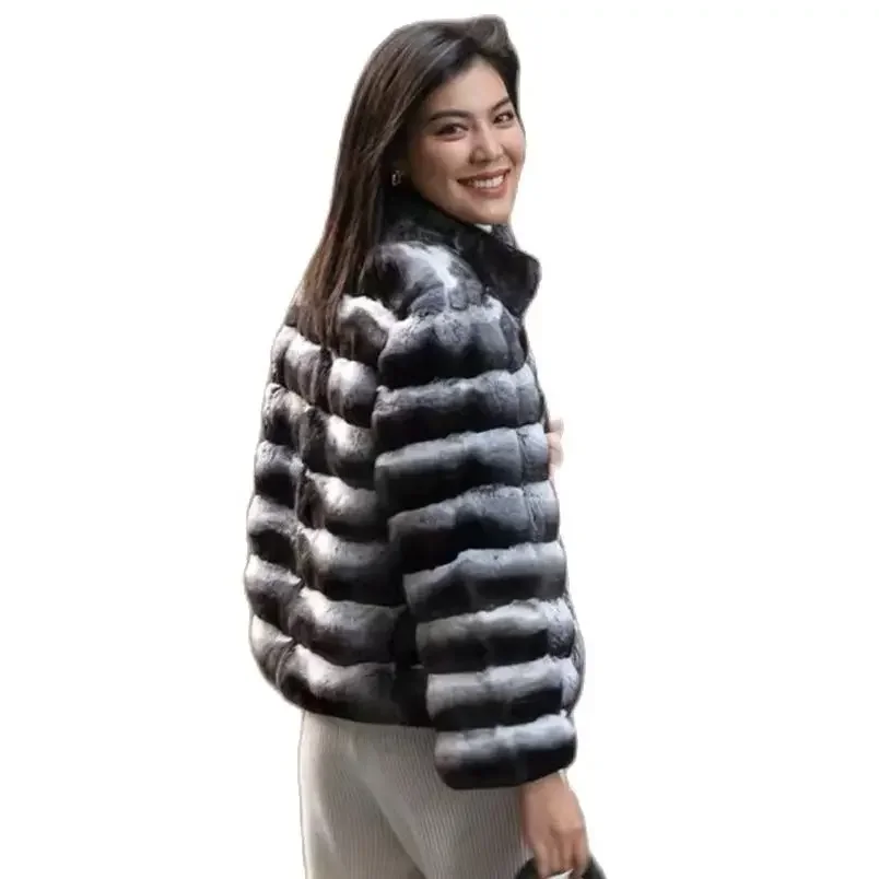 2024 New Women's Chinchilla Striped Jacket Real Rex Rabbit