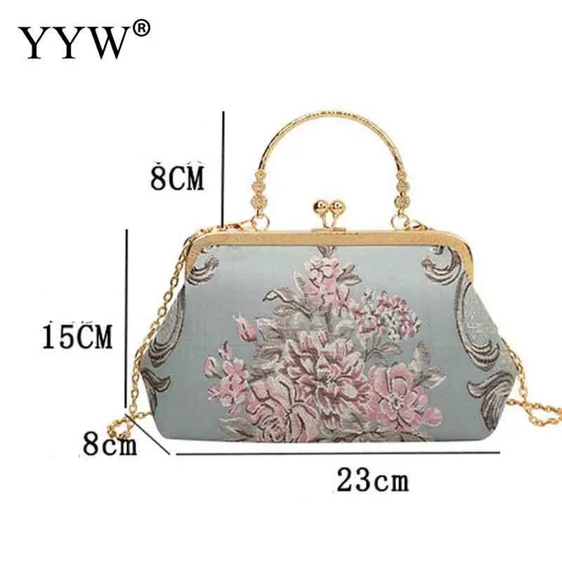 Metal Top Handle Clutch Handbag Fashion Chinese Embroidered Floral Prom Cocktail Party Evening Purse for Women Shoulder Soft Bag