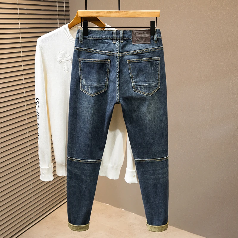 Light luxury high-end MEN'S jeans splicing patch slim straight casual bike simple personality denim blue casual pants