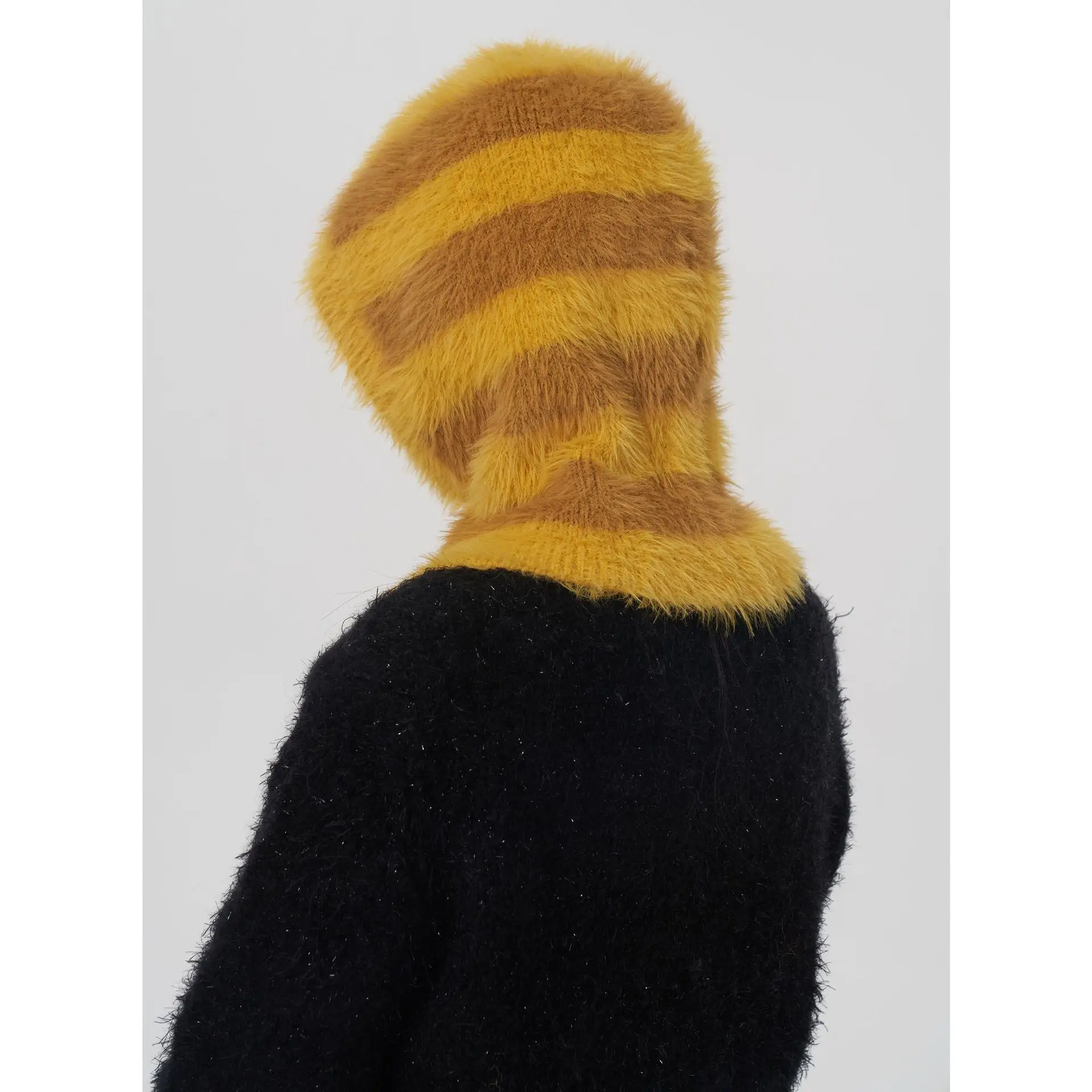 Women Winter Beanie Hats One-Piece Knit Balaclavas Stripes Imitation Mink Velvet Hats Scarf Hat 4