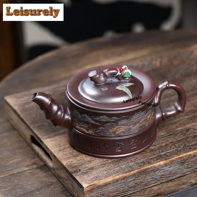 800ml Retro Yixing Purple Clay Teapots Handmade Bamboo Section Pot Raw Ore Antique Brass Mud Kettle Chinese Zisha Tea Set Gift