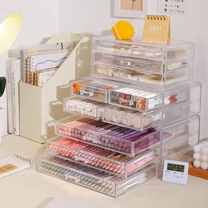 Acrylic transparent drawer Multi functional 3-layer pen holder large desk organizer Tape notebook storage office supplies
