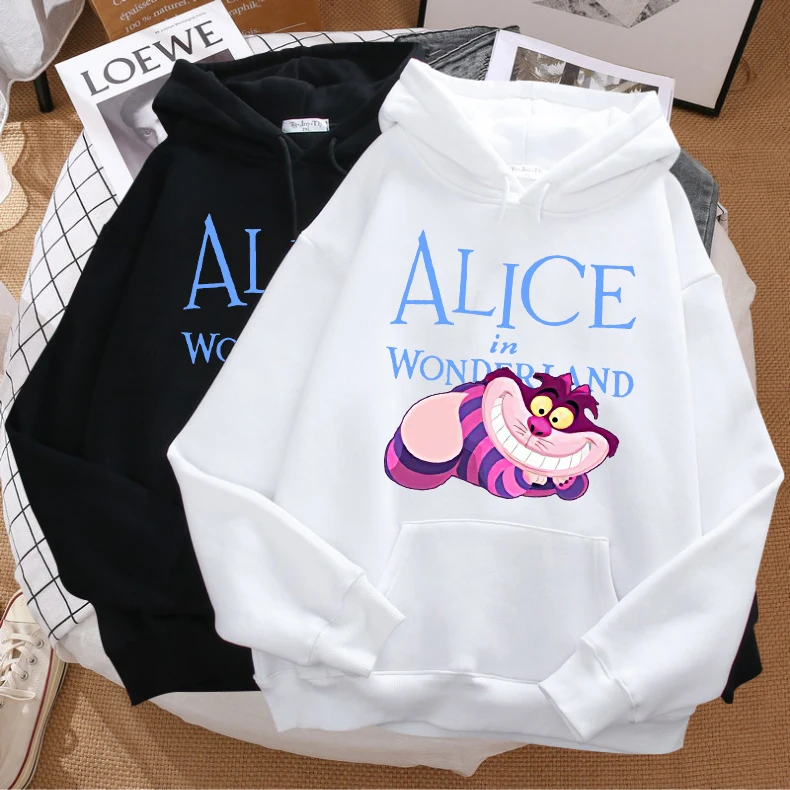 Disney Sweatshirt Fashion Alice in Wonderland Cheshire Cat Cartoon Cute Cat Print Hooded Pullover Unisex Womens Long Sleeve Top women fingerless gloves jk arm warmers cute long glove winter gothic lolita arm sleeve girls y2k love heart classic mitten