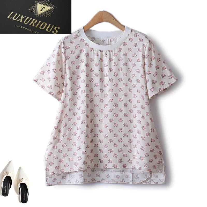 

Fashion Woman Blouse 2023 Classic Animal Cute Little Elephant Figure Straight Thin Chiffon O Neck Short Sleeve Female T-shirts