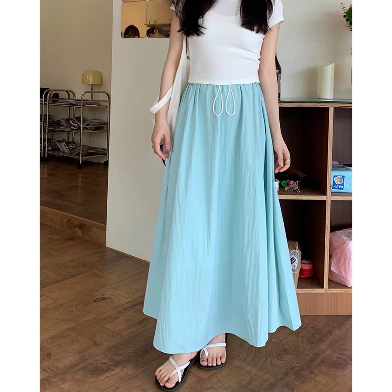Summer Korean Style Maternity Cotton Long Skirts Solid Color Drawstring Waist Large Hem Plus Size Pregnant Woman Umbrella Skirt