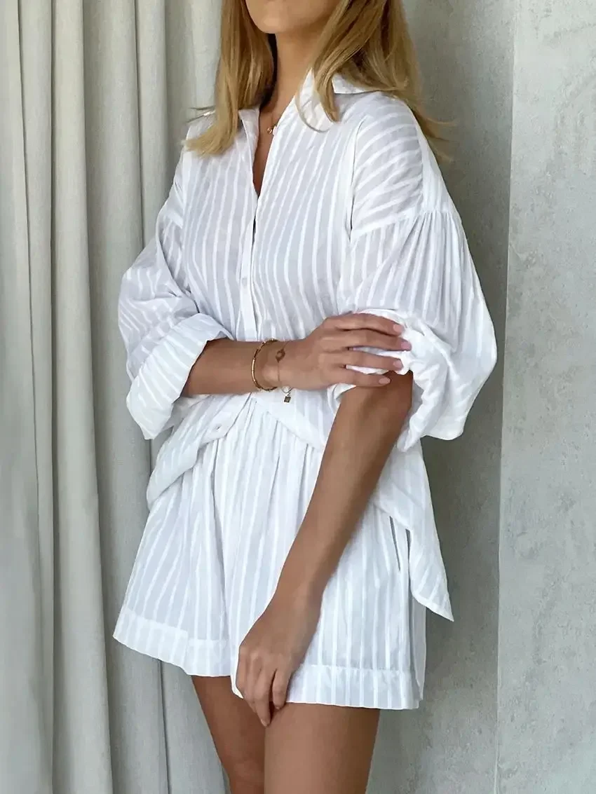 

Casual Shorts Sets Striped Jacquard 2 Pieces Cozy Lapel Lantern Sleeve Shirt Summer Outfit Elastic Waist Shorts Suits