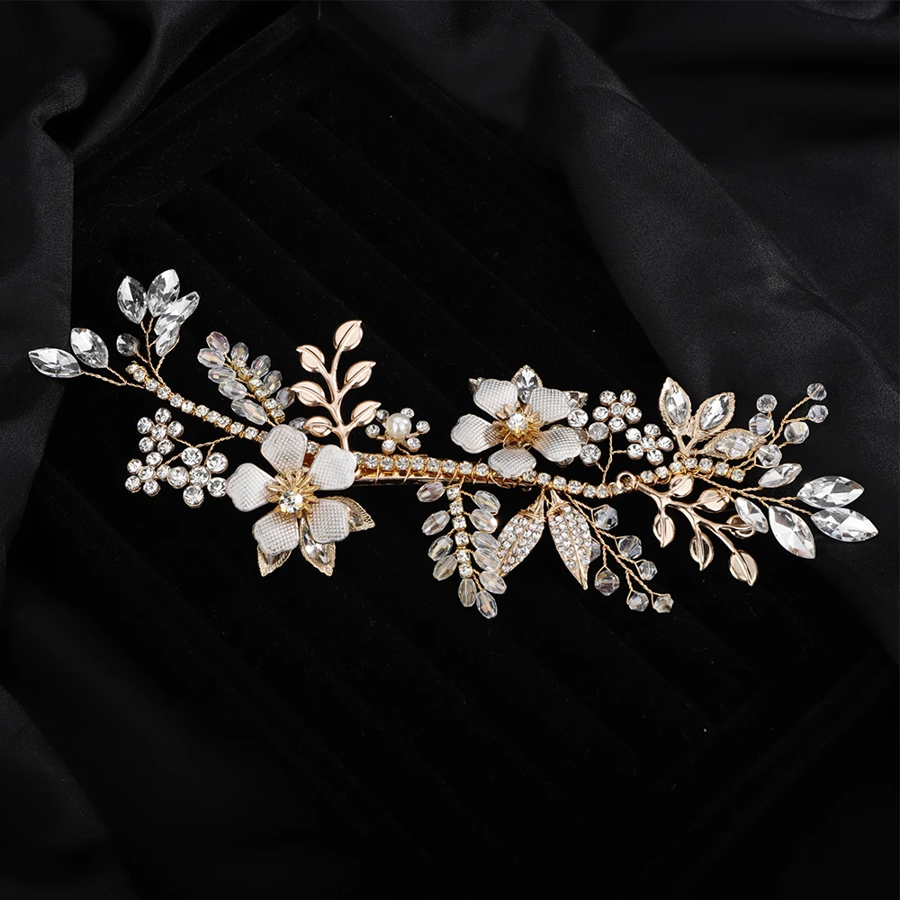 Gold Rhinestone Flower Leaves Wedding Hair Accessories Crystal Bridal Hair Clips Fashion Bride Headpiece Party Headdress Tiaras 2 Gold Rhinestone Flower Leaves Wedding Hair Accessories Crystal Bridal Hair Clips Fashion Bride Headpiece Party Headdress Tiaras - Image 2