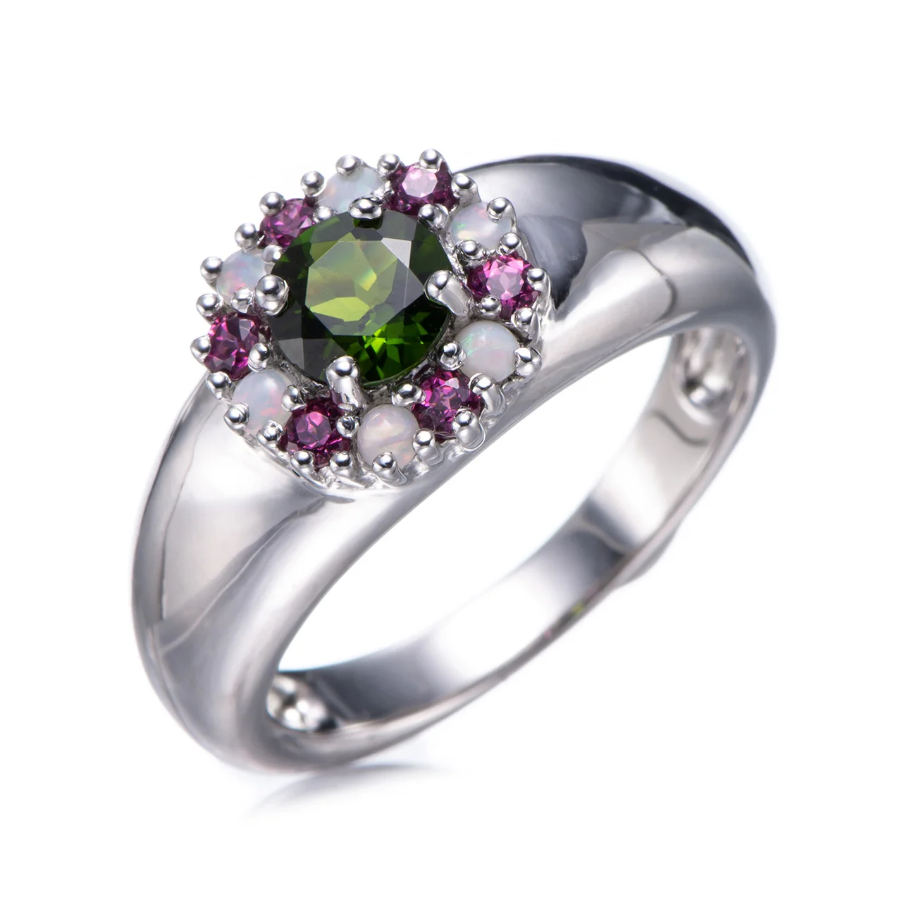 

Chrome diopside and Opal and Rhodolite Rhodium Over Sterling Silver Ring