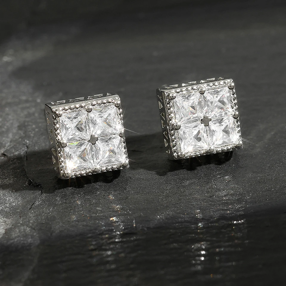 ZAKOL Rock Hip Hop Shiny Square Iced Out Stud Earring for Men Fashion White Gold Color Piercing Ear Accessories 3