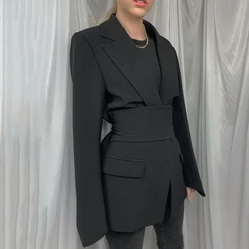 여성 용수철 슬림핏 비즈니스 블레이저 및 타이 웨이스트 재킷, 레트로 카키 블랙 여성 가디건 상의, 2023 패션