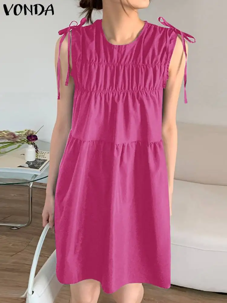 

VONDA Sleeveless Mini Dress Women Summer Short Sundress 2024 Fashion Pleated Dress Casual Loose Solid Beach Vestidos Robe