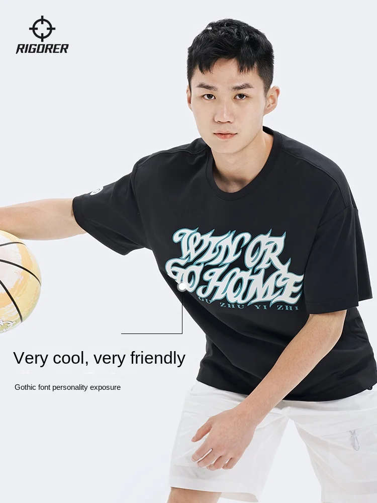 

RIGORER Men Short-sleeved T-shirt Basketball Sports Casual Printed Dry Crewneck Top
