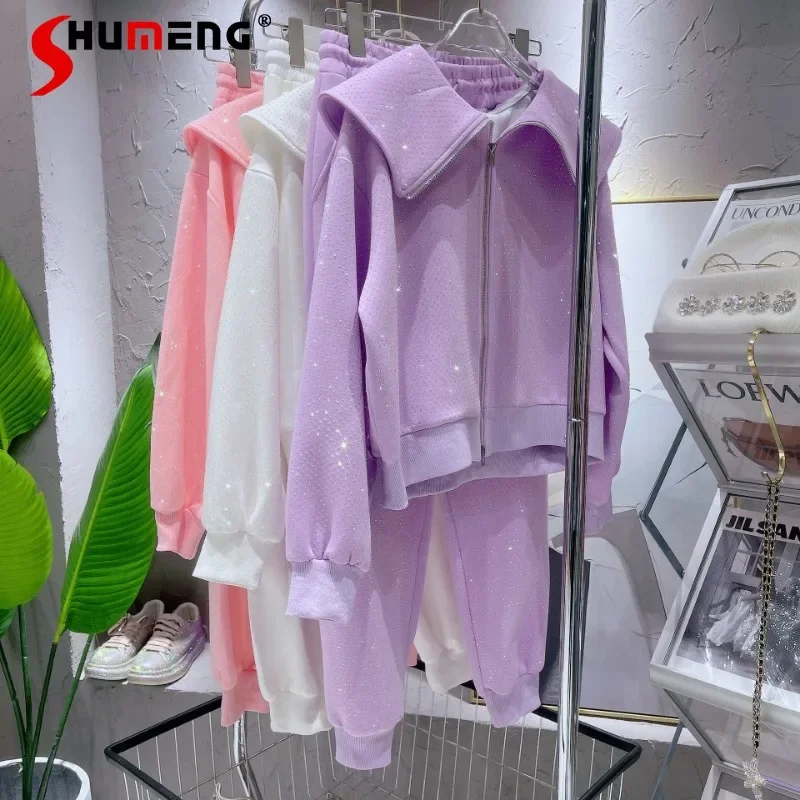 2023 Hot Rhinestone Suit Doll Collar Sweet Pink Cardigan Sweatpants Two-Piece Sets Korean Fashion Clothing Top And Pants Outfits