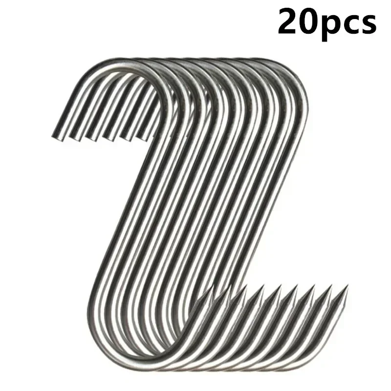 S Hook 10/20pcs Stainless Steel with Sharp Tip Heavy Duty Hanging Hooks for Meat Clothes Kitchen Butcher Shop Baking Tools
