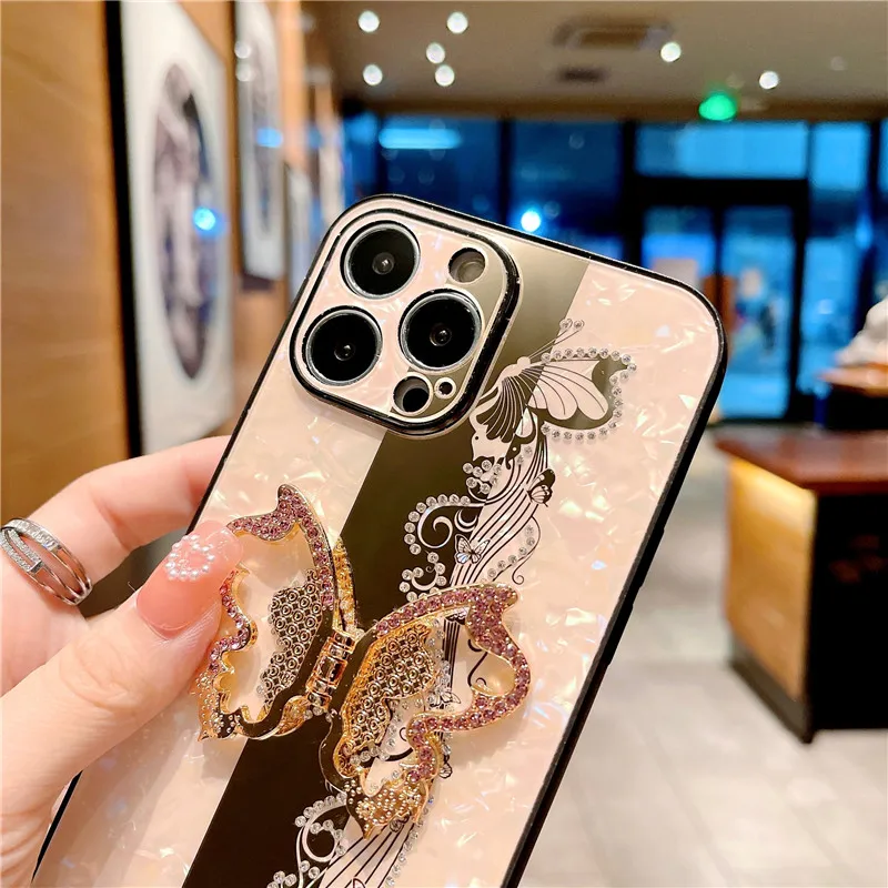 Fashion Rhinestone Glitter Case For iPhone 12 13 11 14 Pro max 15 15Pro 15 Plus 3D butterfly With Finger Ring Stand Back Cover