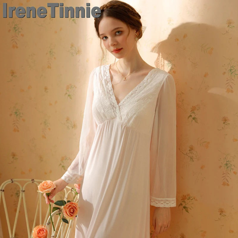 

IRENE TINNIE Autumn Long Sleeve Lace Night Dress Elegant Sleepwear Set Modal Pajamas With Chest Pad Court Princess Nightdress