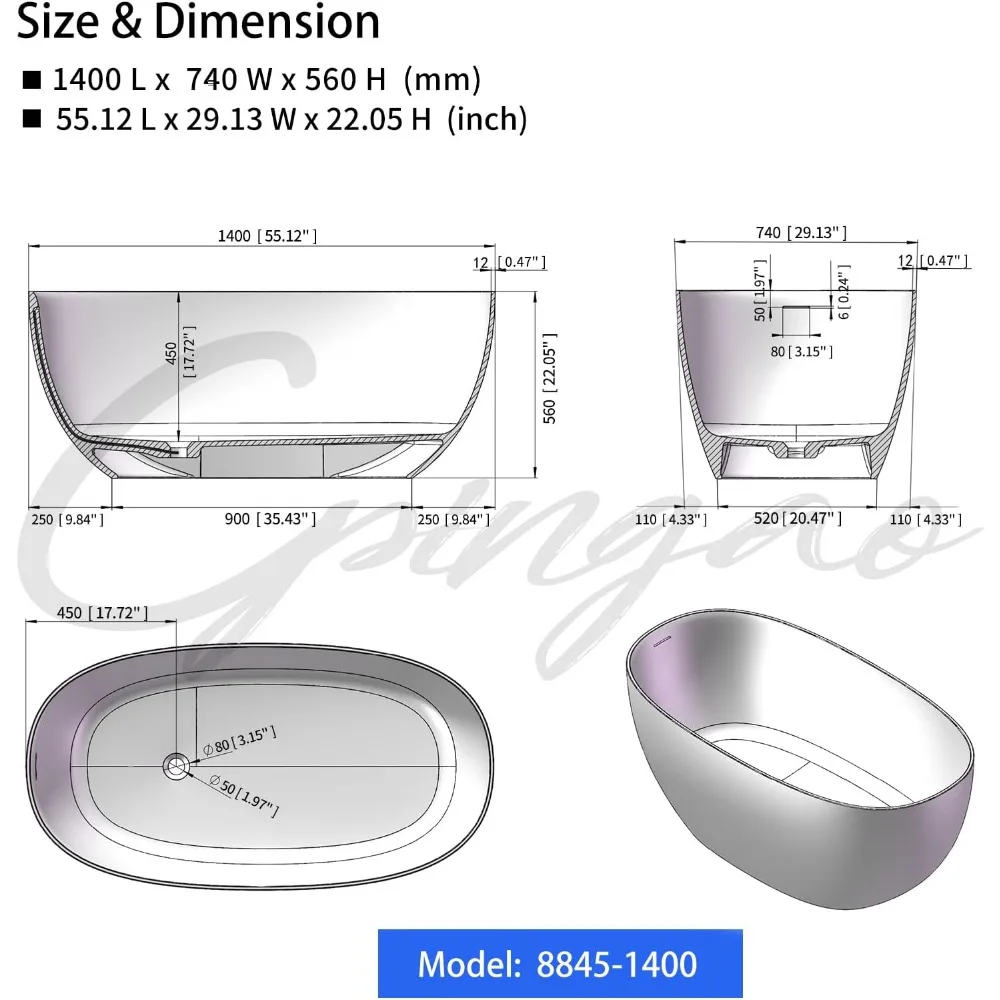 55" Stone Resin Freestanding Bathtub, Oval Contemporary Soaking Tubs, Solid Surface Stand Alone Tub