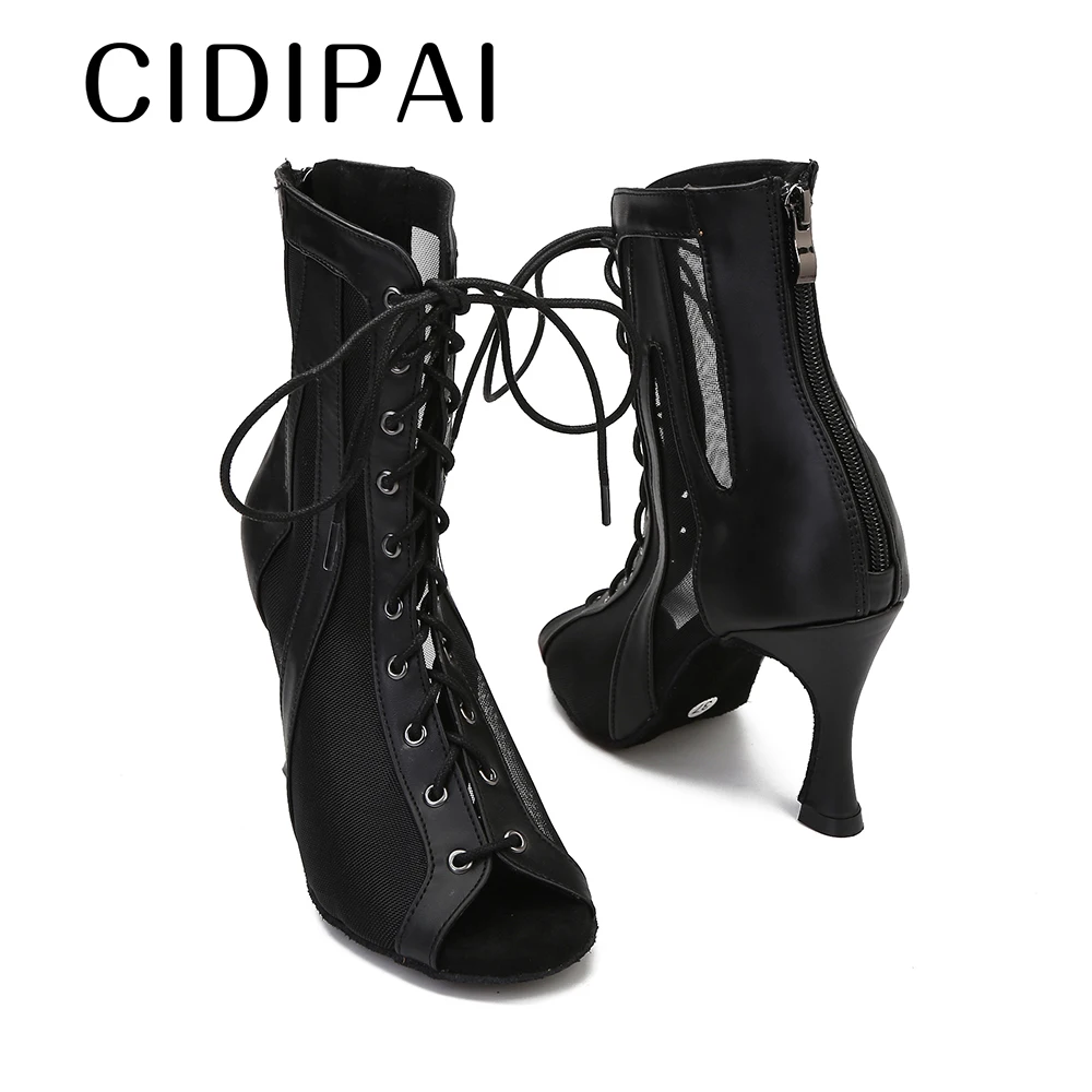 Microfiber Leather Dance Shoes Female High Top Ballroom Dance Boots Woman Latin Dance Shoes Breathable Mesh Party High Heels 9CM 4