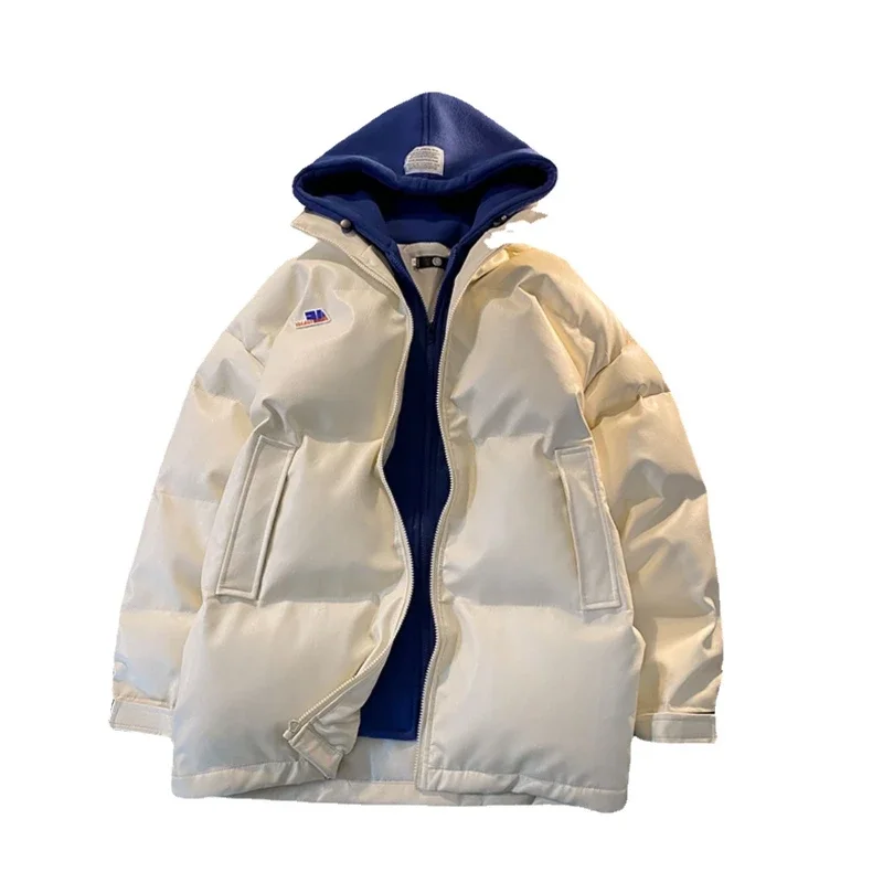 Fake Two Pieces of Cotton Jacket Men's Winter Korean Version Loose PU Leather Hooded Cotton Jacket Trendy Brand Handsome