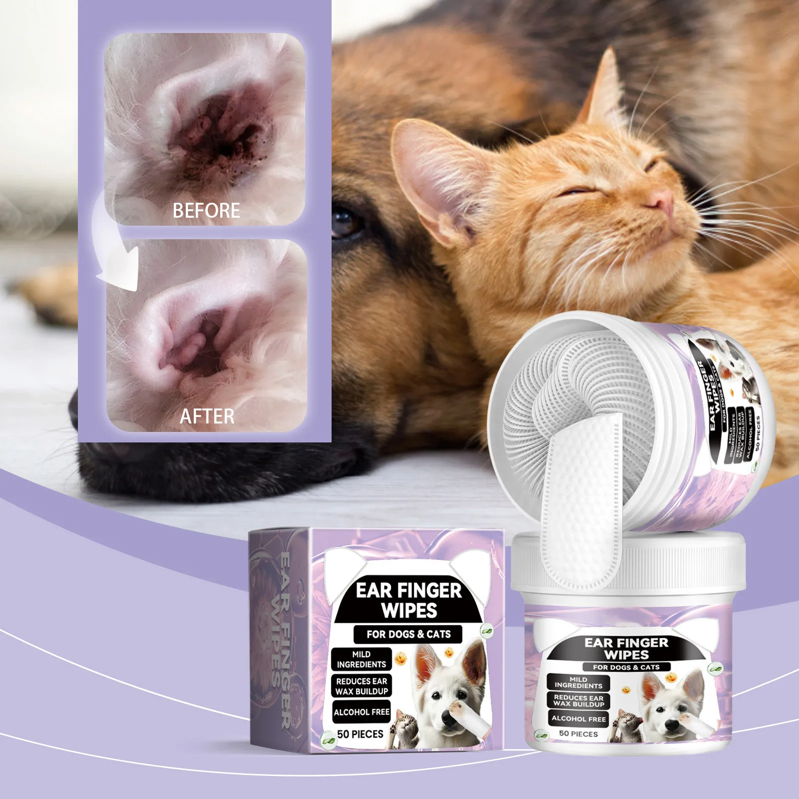 Pet Ear Cleaning Wipes Pet Finger Wipes Ear Finger For Dog & Cat Dog Reduce Earwax Buildup Non-Irritating 50pcs