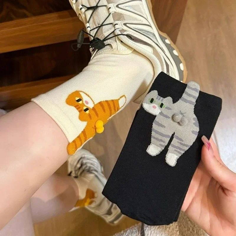 Cartoon Cute Cat 3D Funny Balls Cotton Socks Kawaii Lolita Knitting Socks Women Girl Middle Tube Sleep Sock Cat Print Floor Sock