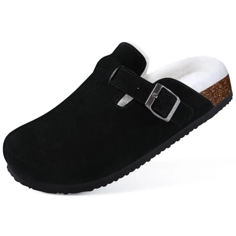 Women Winter Fur Lined Suede Mules Slippers With Adjustable Buckle