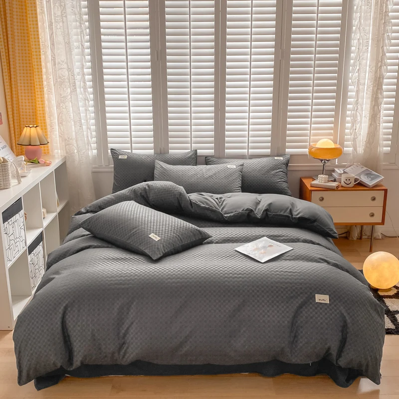 

Luxury Waffle Bedding Set White Grey Warm Cosy Quilt Brushed Fabric Simplicity Solid Color 4pcs King Queen Size All Seasons
