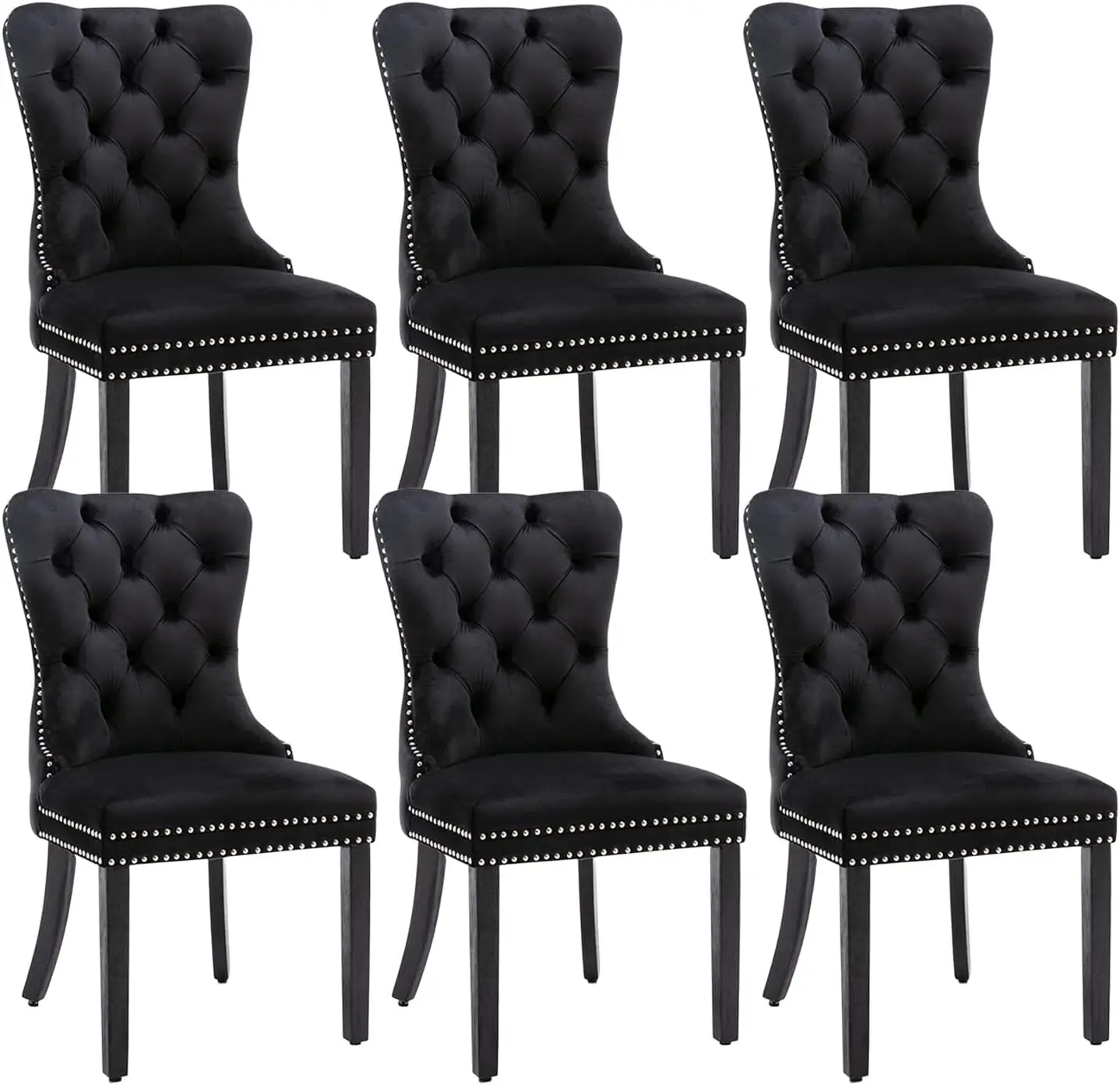 Velvet Dining Chairs Set of 6, Tufted Chairs with Nailhead Ring Pull Trim, Upholstered Dining Chairs with Solid Wood Legs(Black)