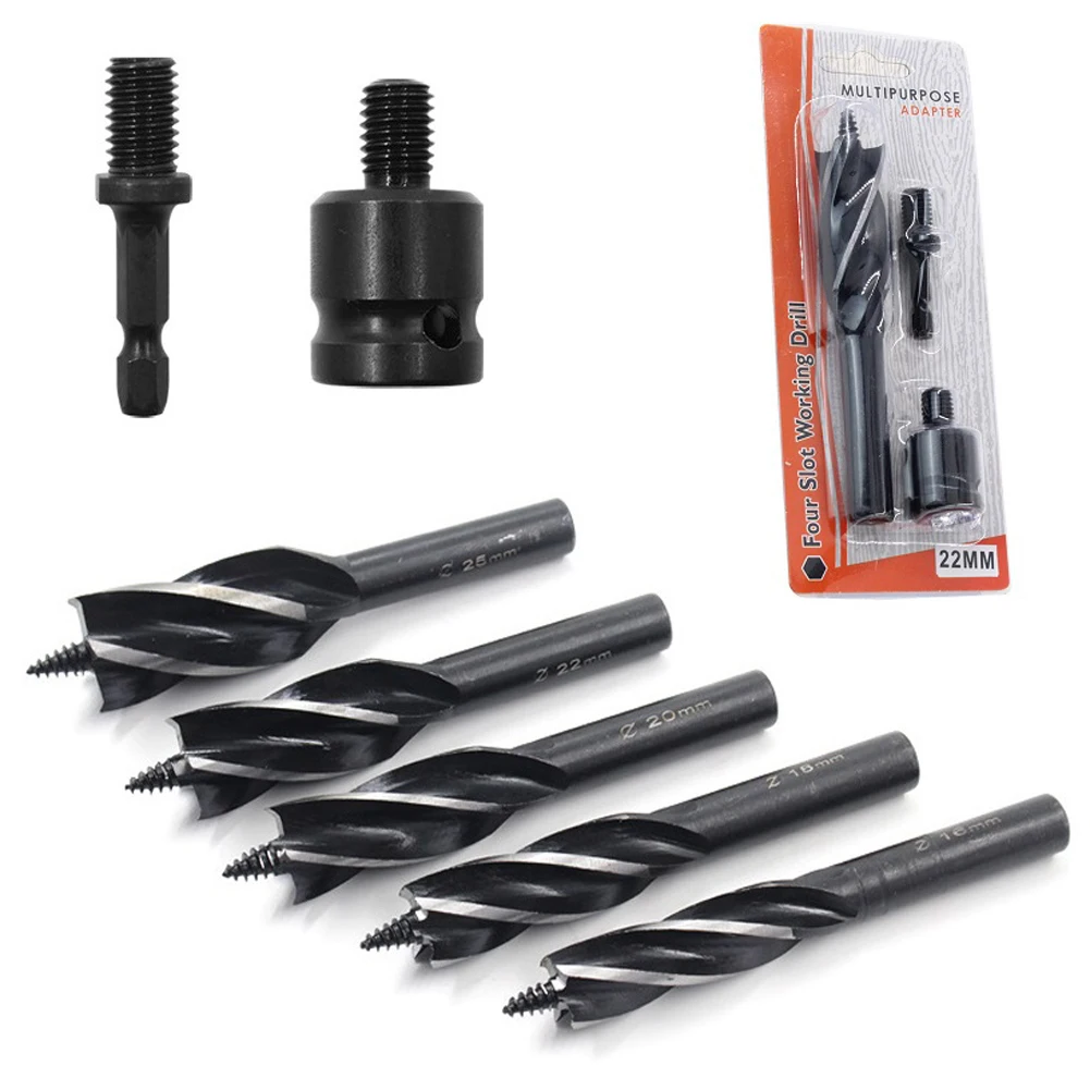 3pcs/set 4 Flute Self Feeding Wood Auger Bits 1/2'' Electric Wrench Adapter 1/4'' Hex Shank Adapter Wood Core Drilling Tool