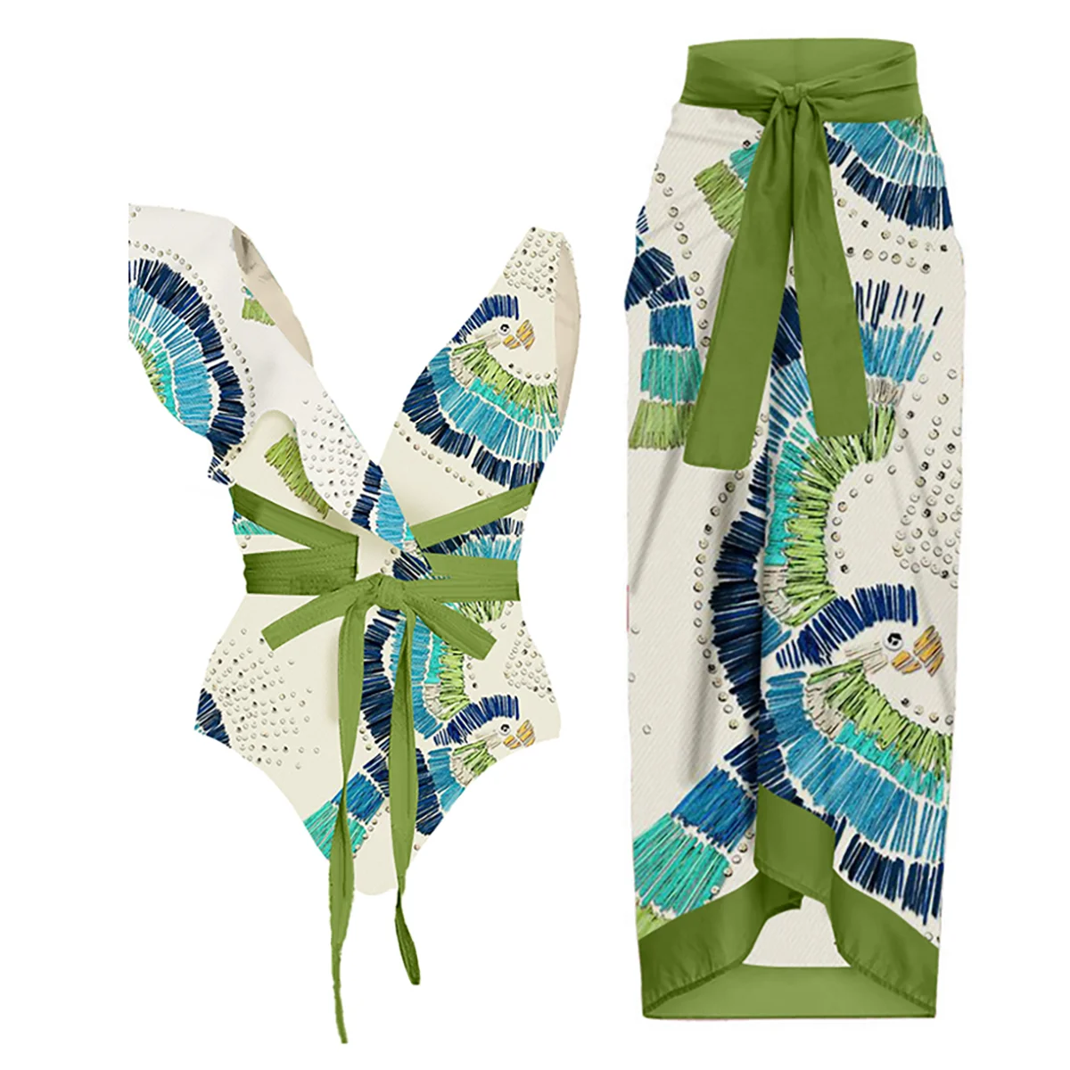 Green Print Deep V Bikini Set and Cover Up Ruffle Straps Backless Sexy Beachwear Ladies Slim High Waist Fit Summer Swimsuit