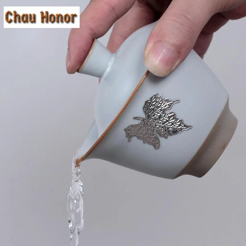 150ml Ru Kiln Tin Inlaid Maple Leaf Handmade Cover Bowl Cicada Wing Open Piece Moon White Tea Tureen Raise Tea Brewing Teaset